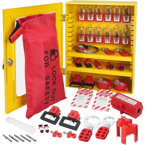 VEVOR Elektrisk Lockout Tagout-sats, 59 st. Säkerhetslåsningsstation med hänglås, hasper, etiketter, band, kontaktlås, brytarlås, ventillås, kabellås, låsväska, låda