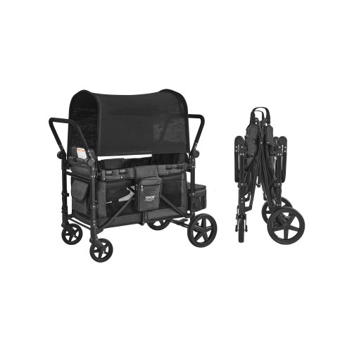 VEVOR Barnvagn för 4 barn, Push-Pull Quad Hopfällbar Barnvagn med Justerbart Handtag, Säkerhetssele och Avtagbar Sufflett, 4-sits Barnvagn för Camping, Mörkgrå och Svart (145 kg Last)