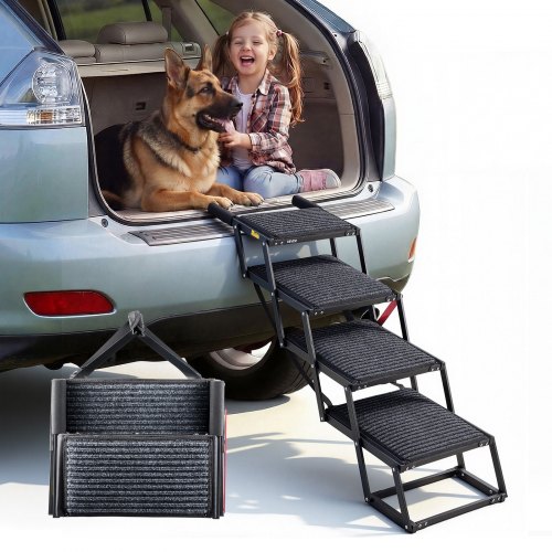 VEVOR Dog Stairs for Car, 4 Steps Extra Wide Foldable Dog Ramp for Large Dogs with Non-Slip Rug Surface, Portable Lightweight Pet Ladder for Car, SUV, Truck, High Beds, Sofas, Support up to 91 kg