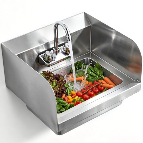 VEVOR Commercial Hand Sink with Faucet and Side Splash, Stainless Steel Sink for Washing, Small Hand Washing Sink, Wall Mount Hand Basin for Restaurant, Kitchen, Bar, Garage and Home, 17x12.8 inch