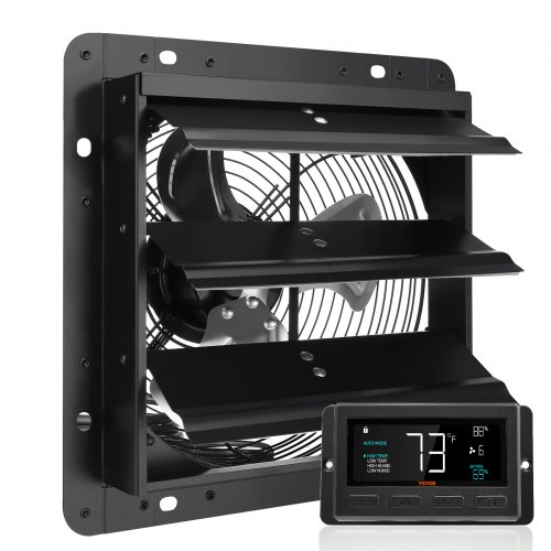 VEVOR Shutter Exhaust Fan, 254mm with Temperature Humidity Controller, EC-motor, 843 CFM, Variable Speed Adjustable Wall Mount Attic Fan, Ventilation and Cooling for Greenhouses, Garages, Sheds