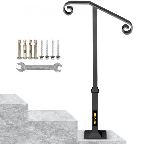 VEVOR Dark Gray Single  Post Handrail Fits 1 or 2 Steps Handrail Wrought Iron Single Post Wrought Iron Rail Single Post Railing Ornamental Top Hand Rail Stairs with Hardware for Outdoors Steps