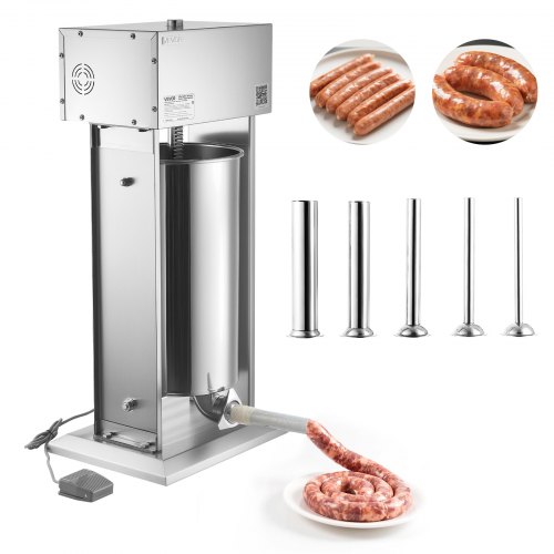 VEVOR Elektrisk Korvfyllare, 25 L Vertikal Köttfyllare, Steglös Hastighetskontroll och Fotpedal, Robust Korvfyllare i Rostfritt Stål med 5 Fyllningsrör, För Kommersiellt & Hembruk