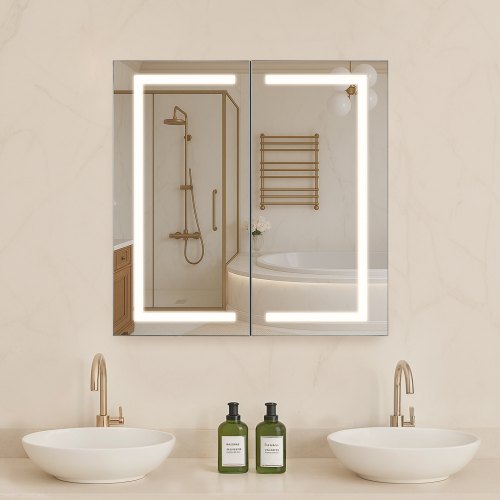 VEVOR Lighted Medicine Cabinet with Mirror, 65 x 65 cm Recessed or Wall Mount, 3 Color Dimmable LED Bathroom Medicine Cabinet with HD Mirror, Adjustable Shelve Storage, Memory Defog Function