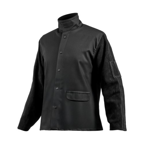 VEVOR Flame-Resistant Welding Jacket - M Size, Heavy Duty Split Cowhide Leather Sleeve + 9 oz. FR Cotton Body, Heat-Resistant Welding Safety Jacket with Snap Buttons & Pockets, Ideal for Welder Fitter