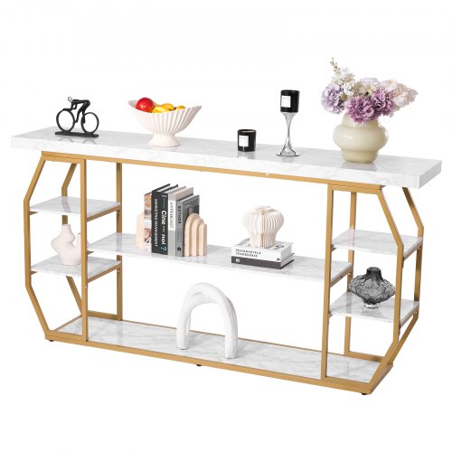 VEVOR Marble Console Table, 3 Tiers Modern Console Table for Open Storage, Golden Geometric Table with Iron Tubes, Anti-Tip Device and Triangular Support for Living Room, Hallway, Entryway, Foyer