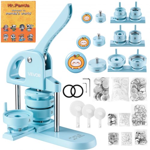 VEVOR Button Maker, 1/1.25/2.28 inch(25/32/58mm) 3-IN-1 Pin Maker, 300pcs Button Parts, Button Maker Machine with Panda Magic Book, Ergonomic Arc Handle Punch Press Kit, For Children DIY Gifts, Blue
