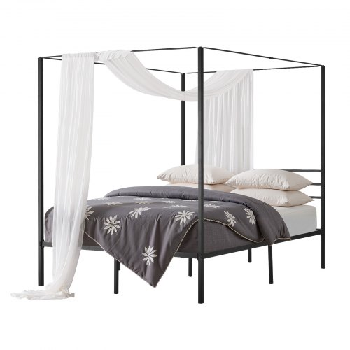 VEVOR Queen Size Canopy Bed Frame, Metal Canopy Bed with Four Posters Design, Heavy Duty Steel Slats Support, Underbed Storage Space, No Box Spring Needed, Easy Assembly, Black