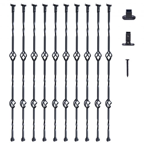 VEVOR Staircase Metal Balusters, 44'' x 1/2" Galvanized Steel Decorative Banister Spindles, 10 Pack Deck Baluster with Hollow Double Baskets, Spiral Stair Railing with Shoes & Screws