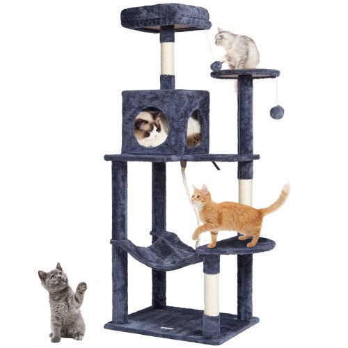 VEVOR Cat Tree for Indoor Cats, 56.2" Cat Tower with Cat Condo, Sisal Scratching Post, Hammock, Top Perch, Jumping Platforms, Large Cat House with Hang Ball, Cat Furniture Activity Center, Dark Grey