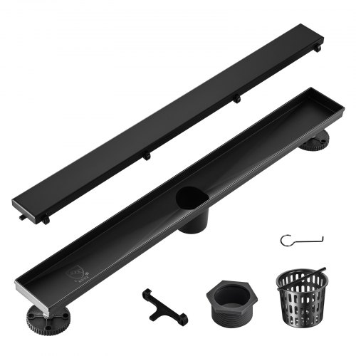 VEVOR 610mm Linear Shower Drain Offset with Tile Insert Cover,Brushed 304 Stainless Steel Rectangle Shower Floor Drain, Sleek Linear Drain with Hair Strainer, Black