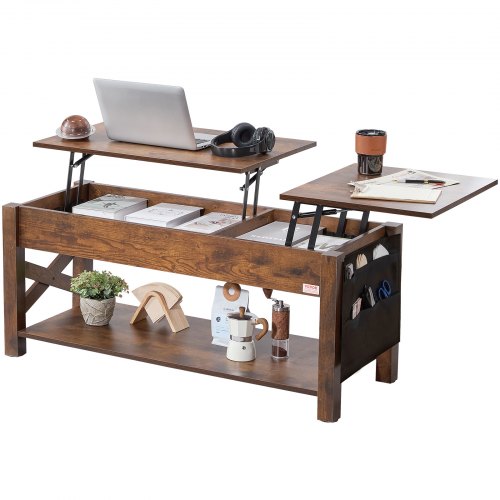 VEVOR Lift Top Coffee Table, 47.5 in Rectangle Coffee Table with Extra Storage Pockets, Pop Up Coffee Table for Living Room, Brown