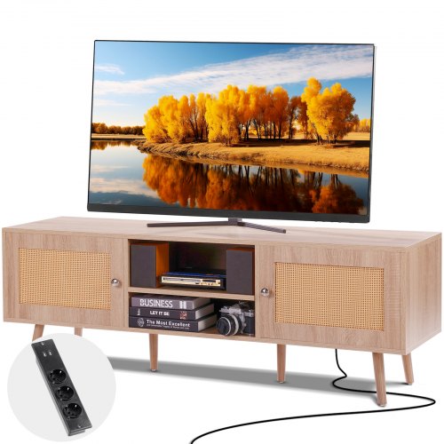 VEVOR Rattan TV Stand for 65" (165.1 cm) TV Boho TV Stand with Build-in Socket Oak