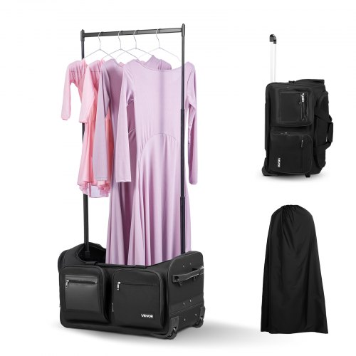 VEVOR Dance Bag with Garment Rack, 584.2 mm Rolling Dance Duffel, with Wheels, USB Port, Height Adjustable Clothes Rack, Privacy Protection Curtain, Ideal for Travel and Competitions, Matte Black