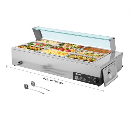 VEVOR 9-Pan Commercial Food Warmer, 9 x 5QT Electric Steam Table with Glass Cover, 1500W Countertop Stainless Steel Buffet Bain Marie 86-185°F Temp Control for Catering, Restaurants, Silver