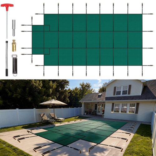 VEVOR Pool Safety Cover Fits 16x32ft Rectangle Inground Pools, Safety Pool Cover with 4x10ft Center End Step, Mesh Solid Pool Cover with Drainage Holes for Swimming Pool, Winter Safety Cover, Green