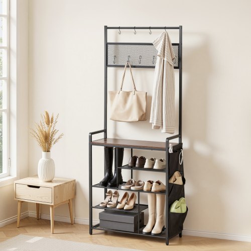 VEVOR Hall Tree, 1800 mm Coat Rack with Shoe Storage, Freestanding 4-Tier Shoe Rack Organizer with Hooks, Side Pocket and Wire Shelf, Steel Frame Entrance Coat Holder for Entryway, Bedroom, Closet