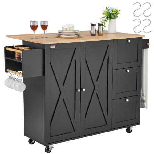 VEVOR Kitchen Island Cart, 56" Wood Top Mobile Carts with Storage Cabinet, Rolling Table with Drop Leaf, Spice Rack, Towel Bar, Adjustable Shelf, Drawer, and Hooks, Portable Islands on Wheels, Black