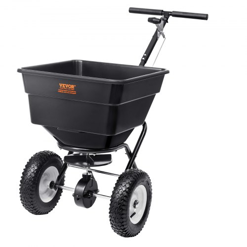 VEVOR Broadcast Spreader, 45.4 kg Walk-Behind Turf Spreader with 30.5 cm Wheels, Steel Push Fertilizer Spreader, Garden Seeder, and Salt Spreader, Designed for Residential, Farm, and Tough Terrain, Black