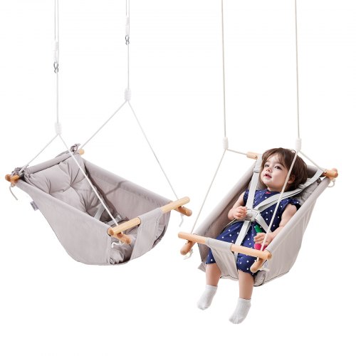 VEVOR Canvas Hammock Swing, 3 Modes Baby Swing Indoor and Outdoor with 5-Point Harness,  and Tree Straps, 150lbs Weight Capacity, Integrated Cushion, Wooden Hanging Swing Seat for Baby to Toddler