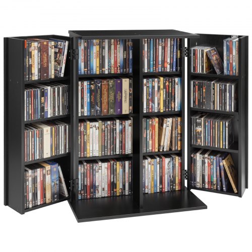 VEVOR Media Storage Cabinet, 4-Tier DVD Shelf Organizer, 610 x 368 x 846 mm Multimedia Storage Organizer for CDs, DVDs, Books, Games, CD Shelf for Living Room, Home Office, Recording Room, Black