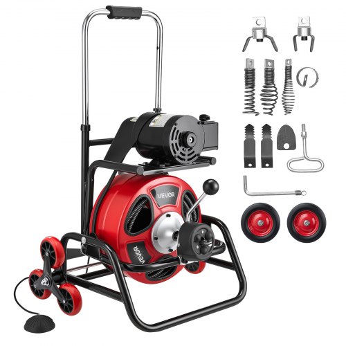 VEVOR Drain Cleaner Machine 30m x 12.7mm, Auto Feed Sewer Snake Auger, Portable Drain Cleaning Machine with Climbing Wheels, Adjustable Drum, 8 Cutters & Foot Switch for 50mm to 150mm Pipes