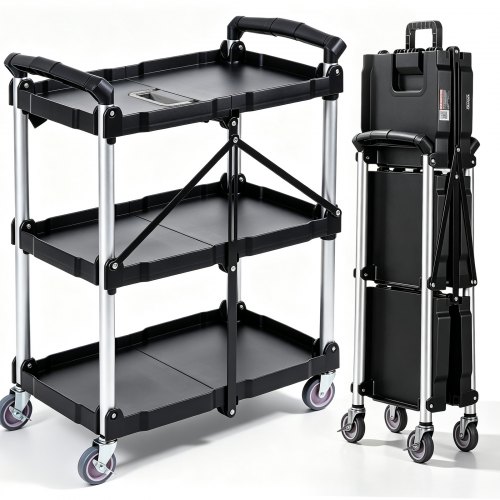 VEVOR Foldable Utility Service Cart, 3 Shelf 74.8 kg Heavy Duty Plastic Rolling Cart with Lockable Wheels, Ergonomic Handle, Portable Garage Tool Cart for Warehouse/Office/Home(65.1x39.2x83.2 cm)