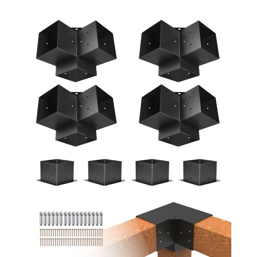 VEVOR Pergola Bracket Kit, 6x6 Inch (Inner Size 142 x 142 mm), 4 Pcs 3-Way Heavy Duty Corner Bracket Woodworks DIY Post Base Kit, Easy Installation Wooden Beams for Gazebos, Patio Pergolas, Log Cabin
