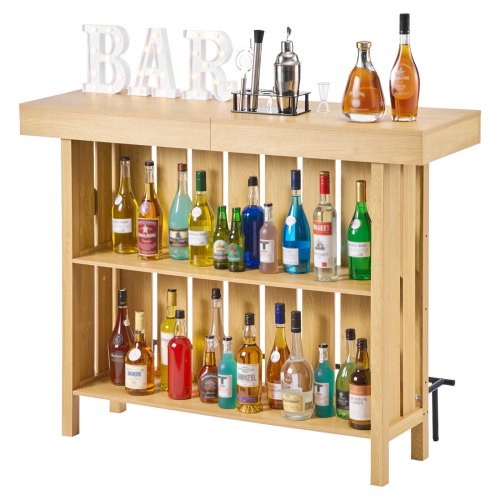 VEVOR Home Bar Unit, Wine Bar Cabinet Table 3-Tier with Storage Shelves, Opener Storage Box & Adjustable Foot Pads, Black Footrest, Wood & Metal Liquor Cabinet for Home, Basement, Kitchen, Living Room