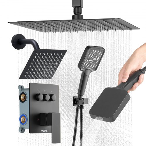 VEVOR Shower Faucet Set, 305 mm Ceiling Mount Rainfall Shower System with 152 mm Wall Mount Head and 4 in 1 Handheld Spray, Rotatable 3-Function Dual Rain Head Brass Valve and Trim Kit, Matte Black