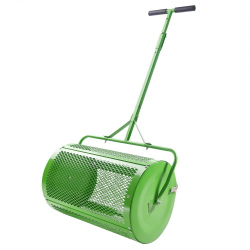 VEVOR Compost Spreader and Peat Moss Spreader, 24" Push/Tow-Behind Roller Lawn Spreader with Height Adjustable T Shaped Handle, Steel Mesh Basket Garden Spreader for Spreading Manure Topsoil, Green