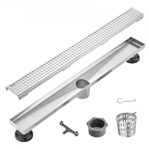 VEVOR 610mm Linear Shower Drain with Square Pattern Grate,Brushed 304 Stainless Steel Rectangle Shower Floor Drain,Linear Drain with Leveling Feet,Hair Strainer Silver