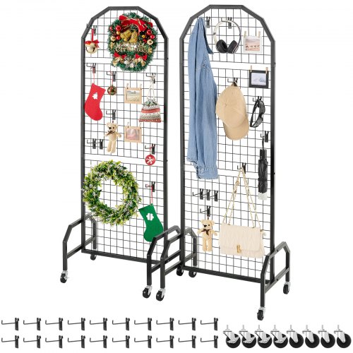 VEVOR 2 Packs Grid Wall Panels, 600 x 1640mm Wire Grid Panels Display Rack, Movable Art Display Shelf with Wheels and 20 Hooks, Black Carbon Steel Gridwall for Craft Show, Decor, Storage, Notice Board