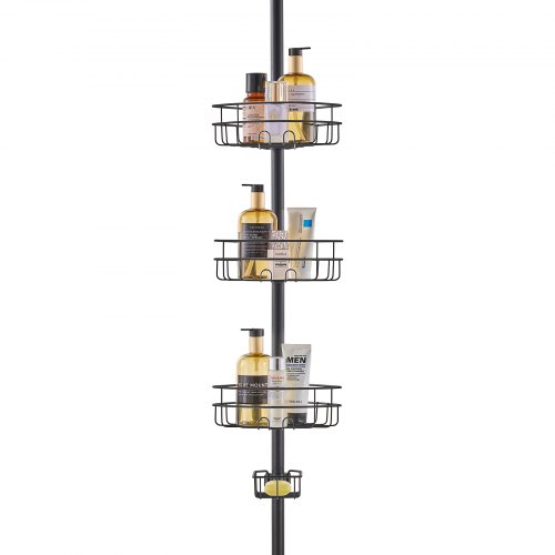 VEVOR Shower Corner Caddy Tension Pole, 39" to 125" High, Multi-Functional Shower Tension Pole with Strong Load-Bearing Tray, Rust-Proof Easy-to-Install Tension Pole, Fit for Bathroom & Washroom