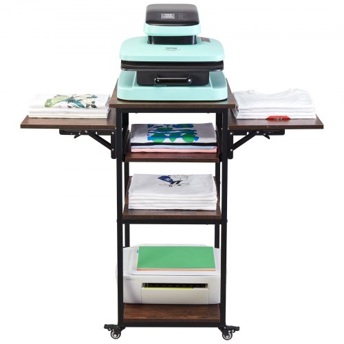 VEVOR Heat Press Table with Charging Station, 4 Tier Movable Heat Press Stand, Foldable Heat Transfer Machine Stand with Wheels, Rolling Metal Workbench for Sublimation Transfer Machine, Brown