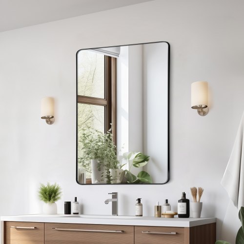 VEVOR Wall Mounted Makeup Mirror, 0.15" Thick, 24" x 36" Mirror with Aluminium Alloy Frame & Explosion-Proof Film, Scratch-Resistant Mirror with Z-Shaped Bracket, Fit for Bathroom/Bedroom/Living Room