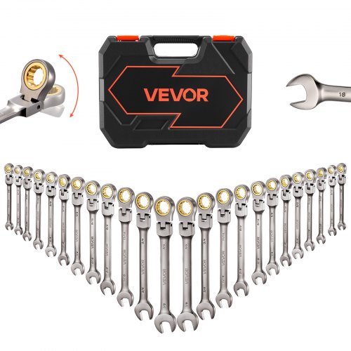 VEVOR Flex-Head Ratcheting Wrench Set, 24-Piece SAE and Metric, 72 Teeth, Cr-V Steel Ratchet Flexible Combination Wrench Set with Storage Case, for General Household, Automotive Repairs, Gray Nickel
