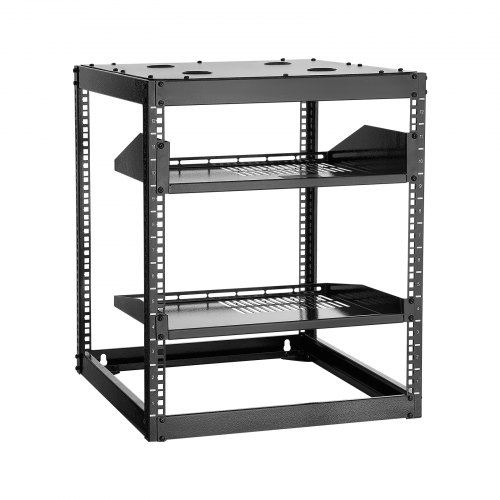 VEVOR 12U Open Frame Network Rack, 585 mm Depth, Wall Mounted or Floor Standing Server Rack, Heavy Duty 4 Post, with Vented Shelves & Mounting Hardware, Holds All Your Networking IT Equipment AV Gear