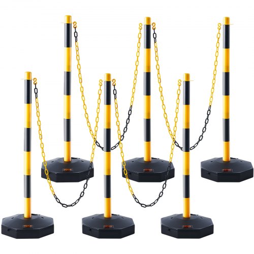 VEVOR Adjustable Traffic Delineator Post Cones, 6 Pack, Traffic Safety Delineator Barrier with Fillable Base 2.44 m Chain, for Traffic Control Warning Parking Lot Construction Caution Roads, Yellow & Black