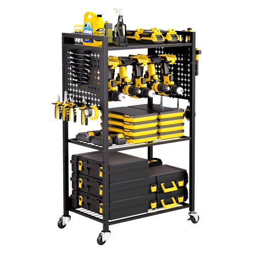 VEVOR 4-tier Tool Organizer Cart, 150 lbs Load Capacity, Floor Stand Rolling Drill Holder and Stability Storage Rack, Heavy Duty Garage Floor Rolling Storage Cart for Workshop, Garage, Black