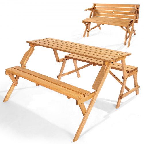 VEVOR 2-in-1 Transforming Interchangeable Picnic Table, Outdoor Wooden Table and Bench Set, Portable Foldable Bench with Umbrella Hole, Patio Dining Furniture for Garden, Backyard, Porch (Brown)