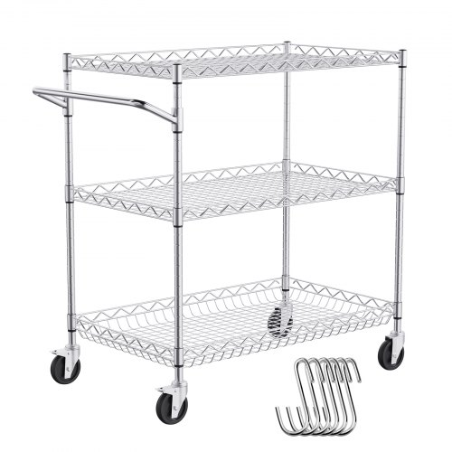VEVOR Kitchen Utility Cart, 3 Tier Heavy Duty Adjustable Wire Storage Rack, Commercial Steel Rolling Service Trolley on Wheels, Work Table with Handle Bar, for Garage and Laundry Room, 76x46x91 cm