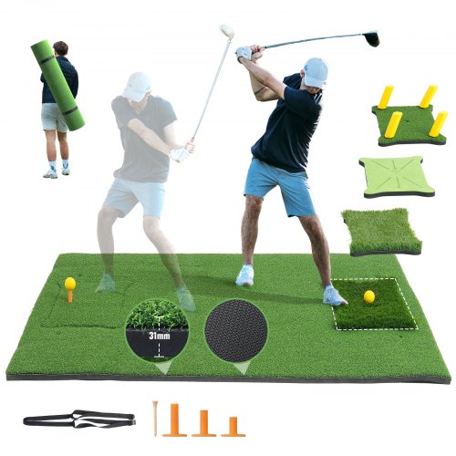 VEVOR 4 IN 1 Golf Hitting Mat, 5x4ft Artificial Turf Golf Hitting Mat, Thickened Golf Aids Includes 4 Interchangeable Inserts, Golf Practice Mat for Backyard Driving Chipping Indoor Outdoor Training