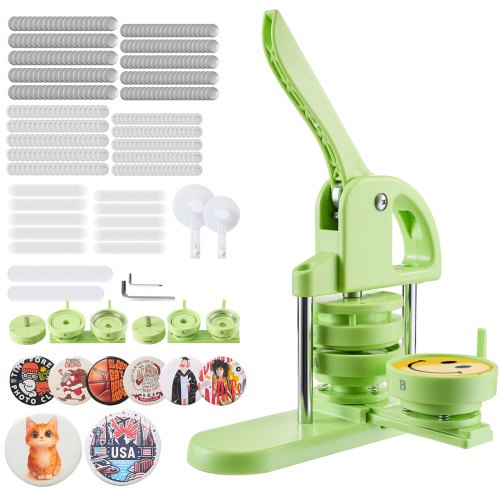 VEVOR Button Maker Machine, 58 mm / 75 mm 2-in-1, Plastic Pin Maker with 200 pcs Button Parts, Circle Cutter and Magic Book, Reinforced Ergonomic Handle, for DIY Badges, Personalized Pins, Green