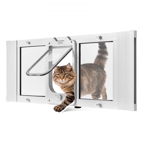 VEVOR Cat Door for Window, Adjustable to Fit Window Width 889-1016 mm, 4 Secure Lock Modes, Aluminum Frame, High-Transparency Glass, Magnetic Closure, Weatherproof Quick-Fit Pet Door for Cats, White