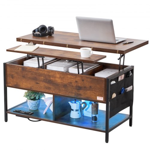VEVOR Lift Top Coffee Table, 39.4 in Rectangle Coffee Table with Extra Storage Pockets, Flipable Coffee Table with Power Strip & USB & Ambient Lighting for Living Room, Brown