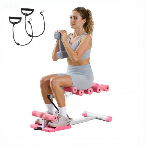 VEVOR Deep Squat Machine, Adjustable Glutes Trainer Machine with 3 High-Strength Resistance Bands, Folding Core Leg & Glutes Exercise Trainer, Push Up Workout Equipment at Home Gym, Pink + White
