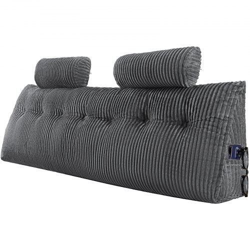 VEVOR Headboard Pillow, King Size Wedge Headboard Pillow with 2 Side Pockets and 2 Headrests, Bed Wedge Pillow with Washable Flannel Cloth, for Reading, Gaming, Resting, Working in Bed, Grey