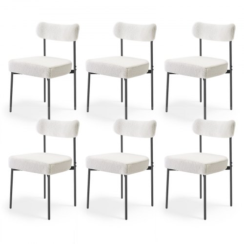 VEVOR Boucle Dining Chairs Set of 6, Mid Century Modern Sherpa Accent Chairs, Upholstered Side Chair for Dining Table, Space-Saving White Kitchen Table Chair with Curved Backrest and Black Metal Legs
