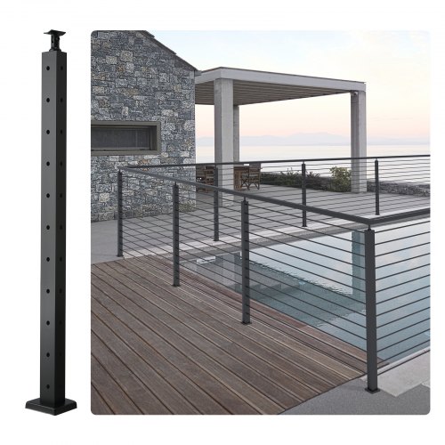 VEVOR Cable Railing Post, 36" x 1" x 2" Steel L-Shaped Hole Corner Railing Post, 10 Pre-Drilled Holes, SUS304 Stainless Steel Cable Rail Post with Horizontal and Curved Bracket, 1JZLGZHS9142UYBR4V0